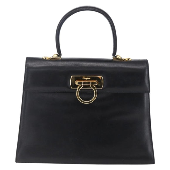 Salvatore Ferragamo Gancini Hand Bag Leather Gold Black Auth 150953