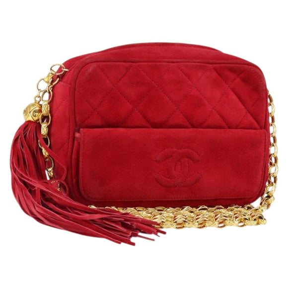 CHANEL Matelasse Chain Shoulder Bag Suede Red Gold CC Auth 150966