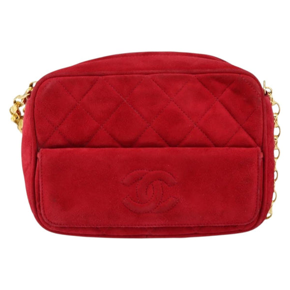 CHANEL Matelasse Chain Shoulder Bag Suede Red Gold CC Auth 150966