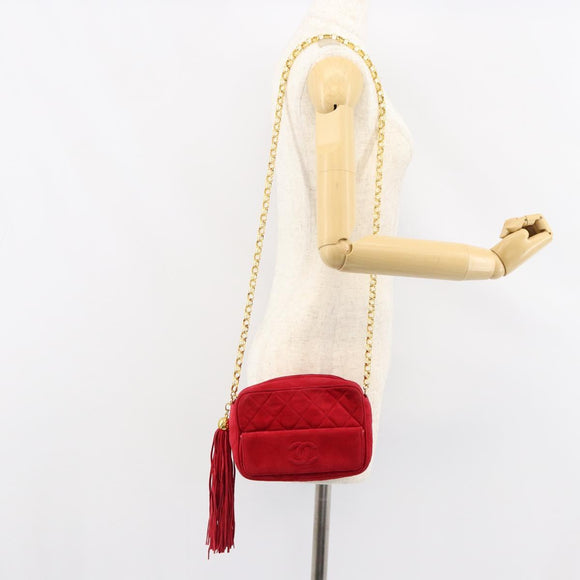 CHANEL Matelasse Chain Shoulder Bag Suede Red Gold CC Auth 150966