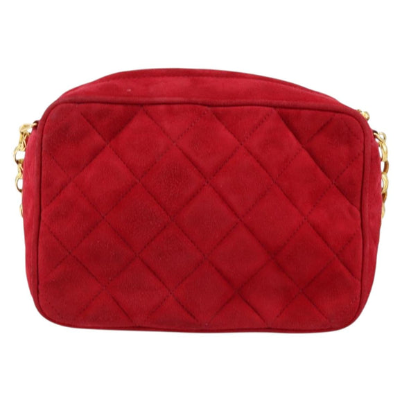 CHANEL Matelasse Chain Shoulder Bag Suede Red Gold CC Auth 150966