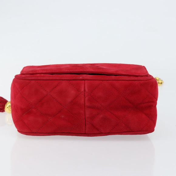 CHANEL Matelasse Chain Shoulder Bag Suede Red Gold CC Auth 150966