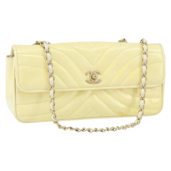 CHANEL Chain V Stitch Shoulder Bag Patent leather White Gold CC Auth 150967