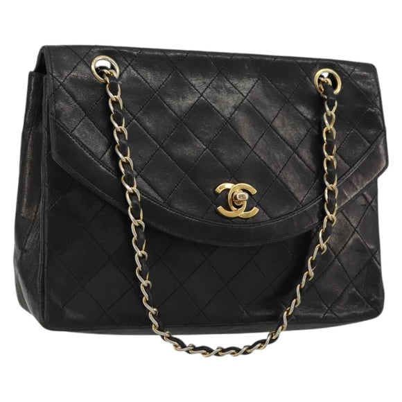 CHANEL Matelasse Chain Shoulder Bag Lamb Skin Black Gold CC Auth 150968