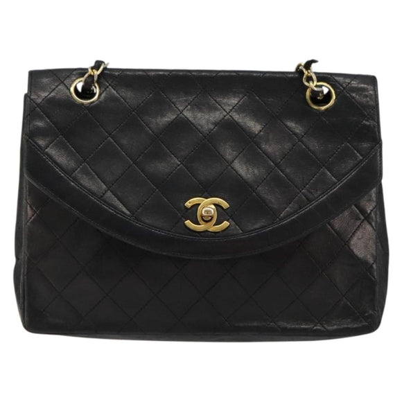 CHANEL Matelasse Chain Shoulder Bag Lamb Skin Black Gold CC Auth 150968
