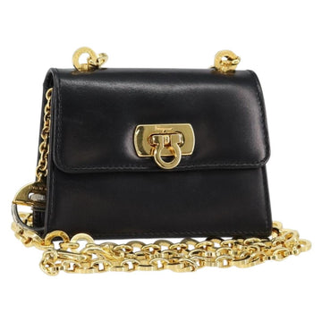 Salvatore Ferragamo Chain Gancini Shoulder Bag Leather Black Gold Auth 150969