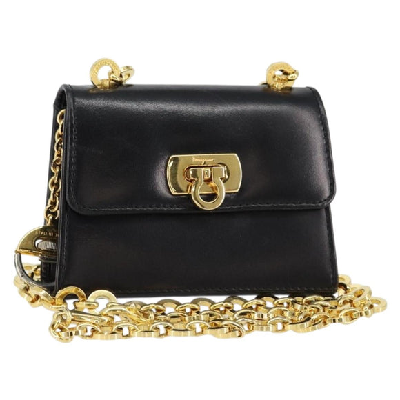 Salvatore Ferragamo Chain Gancini Shoulder Bag Leather Black Gold Auth 150969