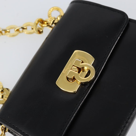 Salvatore Ferragamo Chain Gancini Shoulder Bag Leather Black Gold Auth 150969