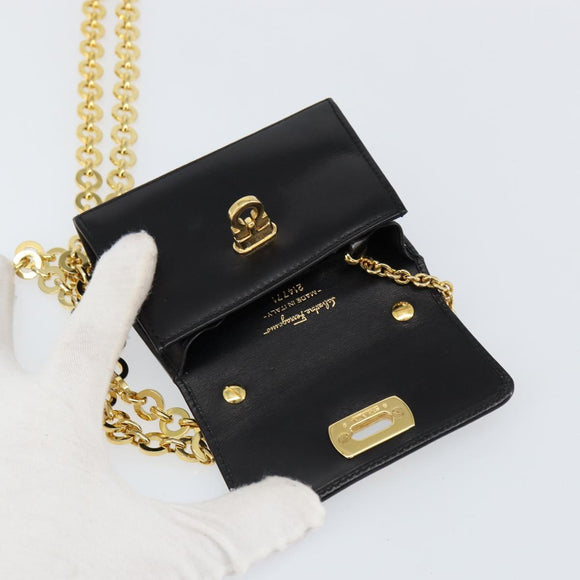 Salvatore Ferragamo Chain Gancini Shoulder Bag Leather Black Gold Auth 150969