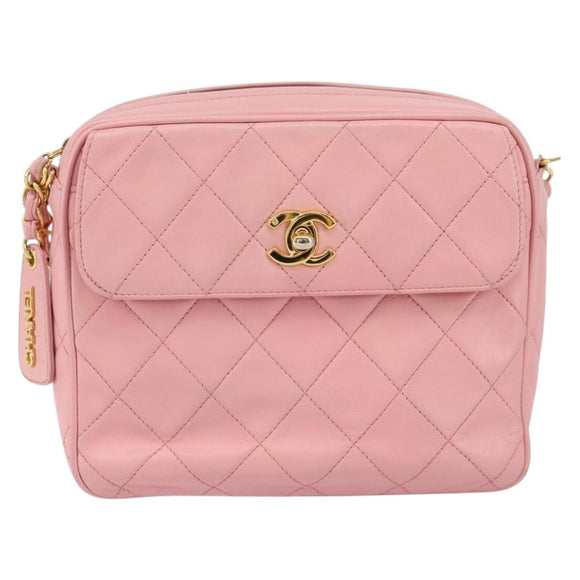 CHANEL Matelasse Chain Shoulder Bag Lamb Skin Pink Gold CC Auth 150982