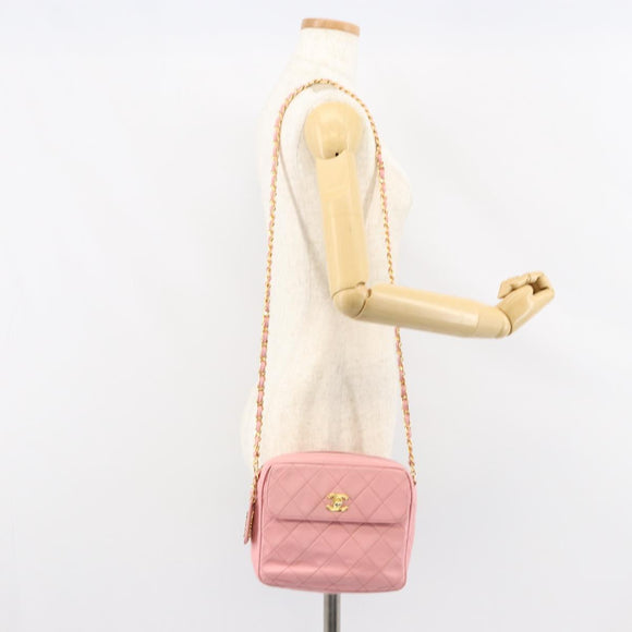 CHANEL Matelasse Chain Shoulder Bag Lamb Skin Pink Gold CC Auth 150982