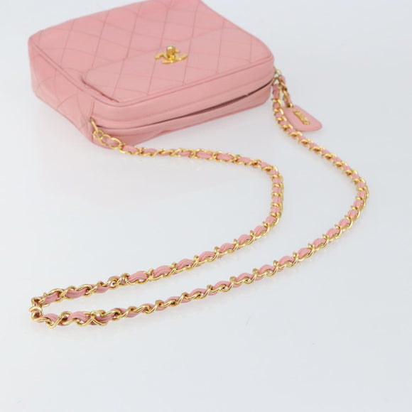 CHANEL Matelasse Chain Shoulder Bag Lamb Skin Pink Gold CC Auth 150982