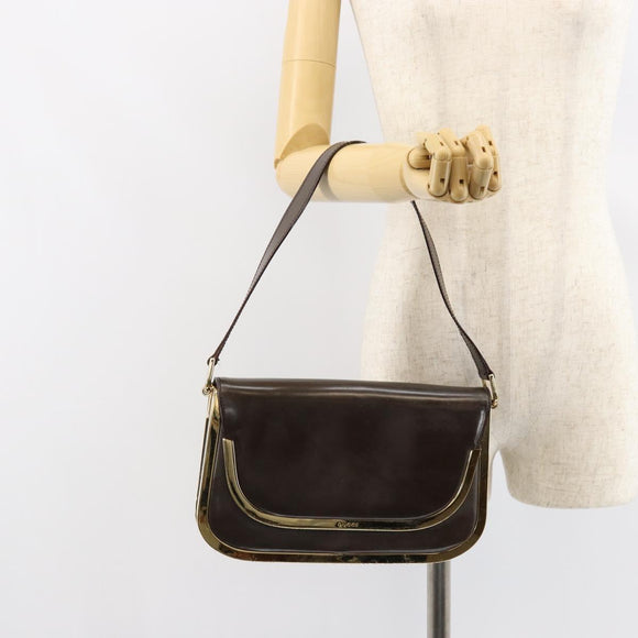 GUCCI Shoulder Bag Enamel Brown Gold Auth 151014