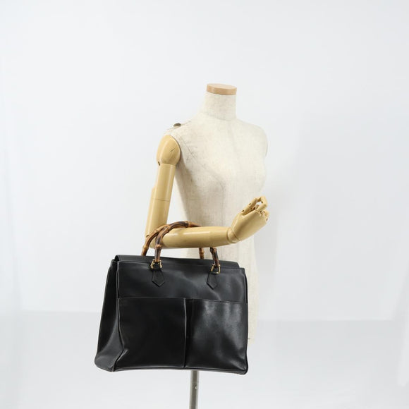 GUCCI Bamboo Hand Bag Leather Black Gold 002 123 0322 Auth 151016