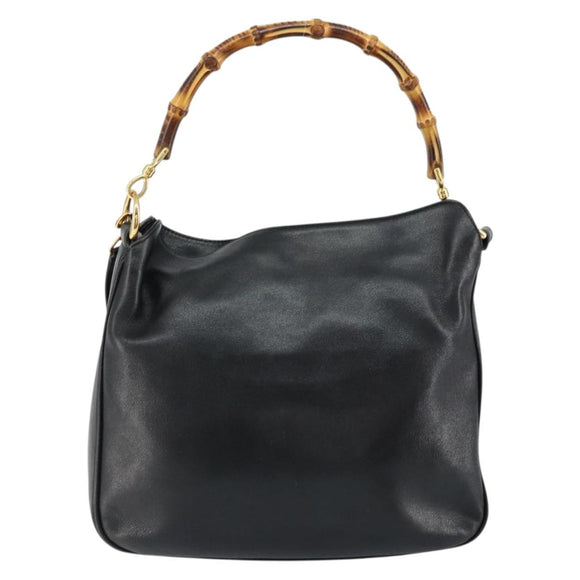GUCCI Bamboo Shoulder Bag Leather 2way Black Gold 001 0166 1638 Auth 151017