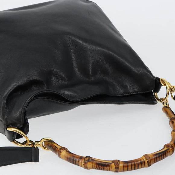 GUCCI Bamboo Shoulder Bag Leather 2way Black Gold 001 0166 1638 Auth 151017