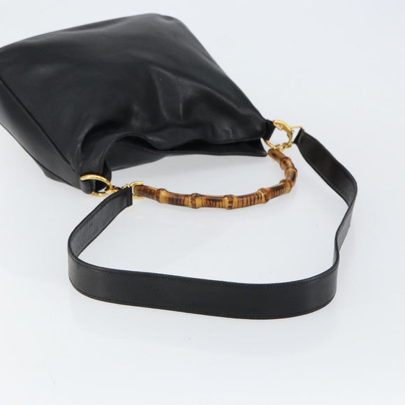 GUCCI Bamboo Shoulder Bag Leather 2way Black Gold 001 0166 1638 Auth 151017