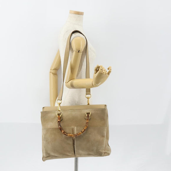 GUCCI Bamboo Hand Bag Suede 2way Beige Gold 002 123 0322 Auth 151018