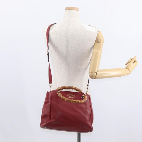 GUCCI Bamboo Hand Bag Leather 2way Red Gold 336032 Auth 151019