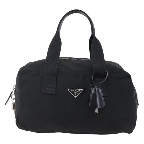 PRADA Hand Bag Nylon Leather Black Silver Auth 151023