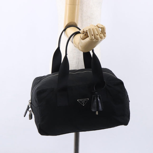PRADA Hand Bag Nylon Leather Black Silver Auth 151023
