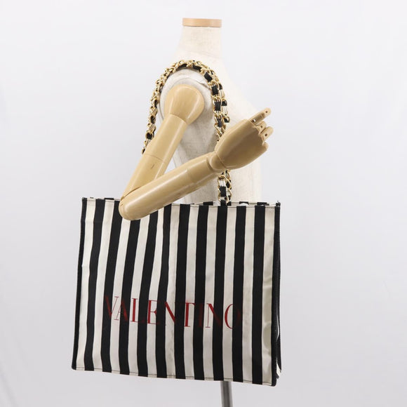 VALENTINO Chain Tote Bag Canvas Black White Auth 151029