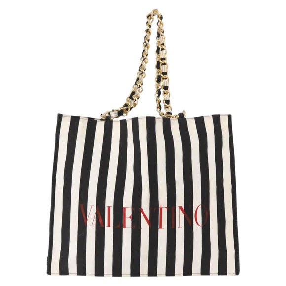 VALENTINO Chain Tote Bag Canvas Black White Auth 151029