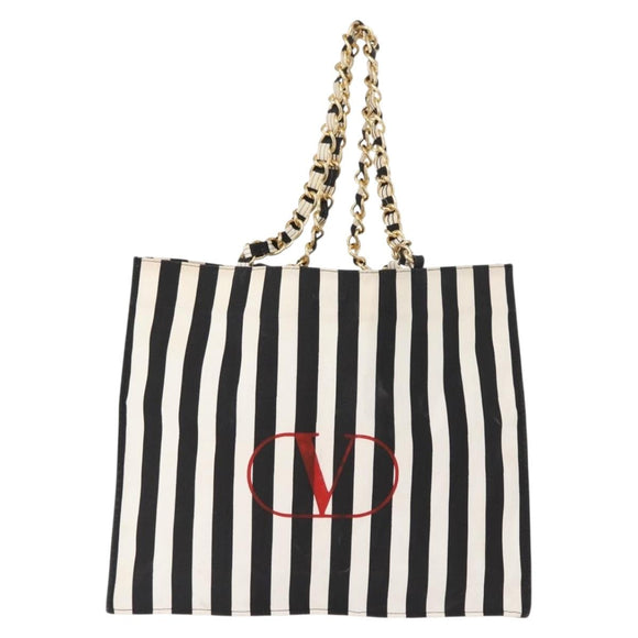 VALENTINO Chain Tote Bag Canvas Black White Auth 151029