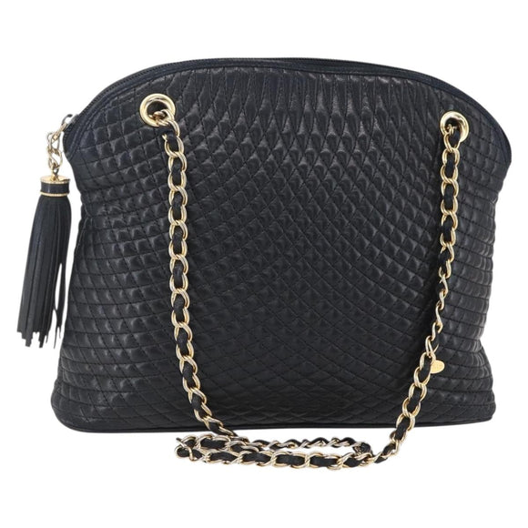 BALLY Quilted Chain Shoulder Bag Leather Black Gold Auth 151032