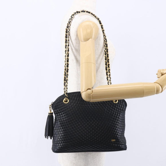 BALLY Quilted Chain Shoulder Bag Leather Black Gold Auth 151032