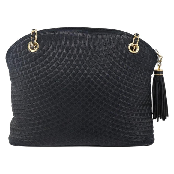 BALLY Quilted Chain Shoulder Bag Leather Black Gold Auth 151032