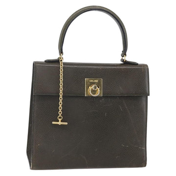 CELINE Hand Bag Leather Khaki Gold Auth 151041