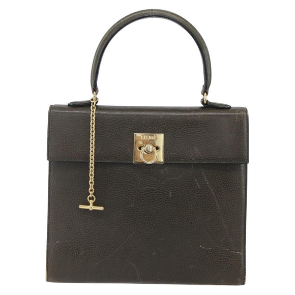 CELINE Hand Bag Leather Khaki Gold Auth 151041