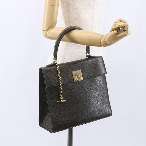 CELINE Hand Bag Leather Khaki Gold Auth 151041