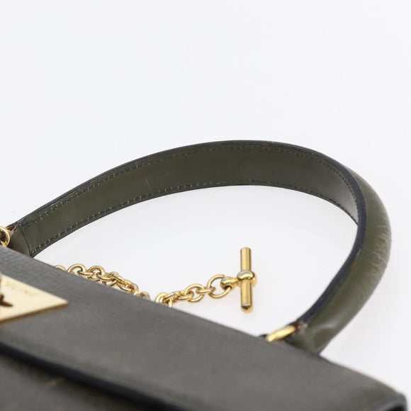 CELINE Hand Bag Leather Khaki Gold Auth 151041