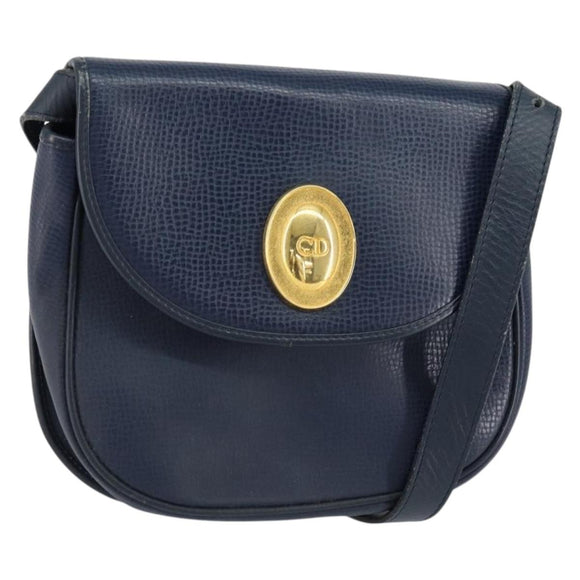 Christian Dior Schoudertas Leer Marineblauw Goud Auth 151060