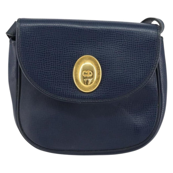 Christian Dior Schoudertas Leer Marineblauw Goud Auth 151060