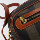 FENDI Pecan Canvas Shoulder Bag PVC Black Brown gold Auth 151064-19