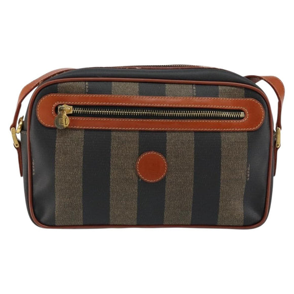 FENDI Pecan Canvas Shoulder Bag PVC Black Brown gold Auth 151064