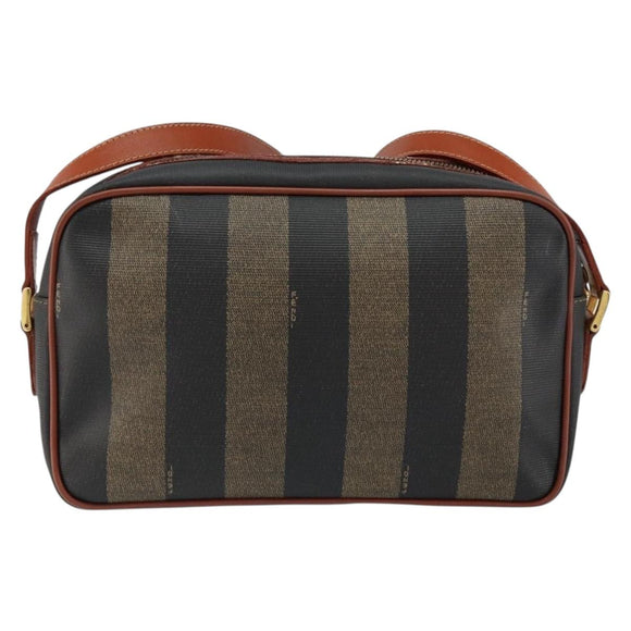 FENDI Pecan Canvas Shoulder Bag PVC Black Brown gold Auth 151064