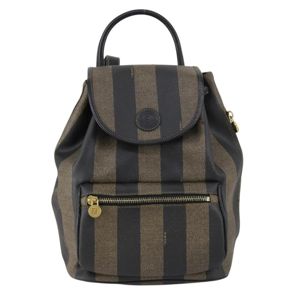 FENDI Pecan Canvas Backpack PVC Brown Black gold Auth 151065