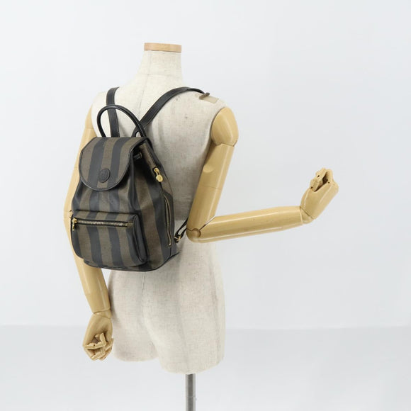 FENDI Pecan Canvas Backpack PVC Brown Black gold Auth 151065