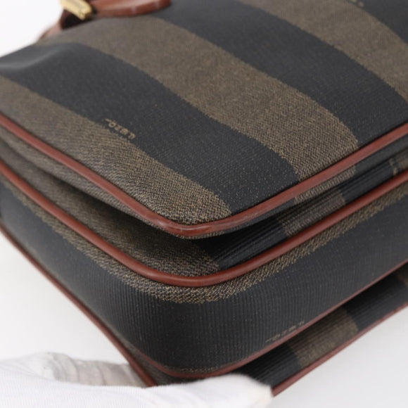 FENDI Pecan Canvas Hand Bag PVC Black Brown gold Auth 151066