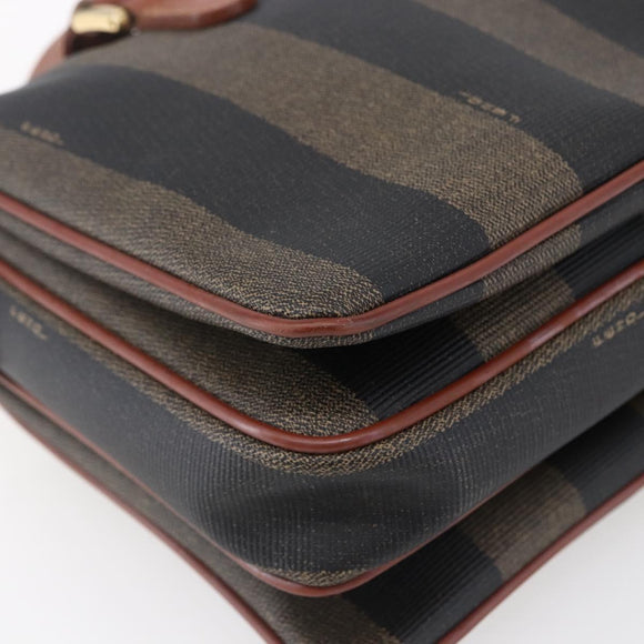 FENDI Pecan Canvas Hand Bag PVC Black Brown gold Auth 151066