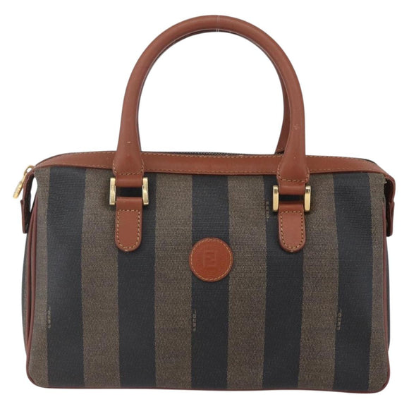 FENDI Pecan Canvas Hand Bag PVC Black Brown gold Auth 151066