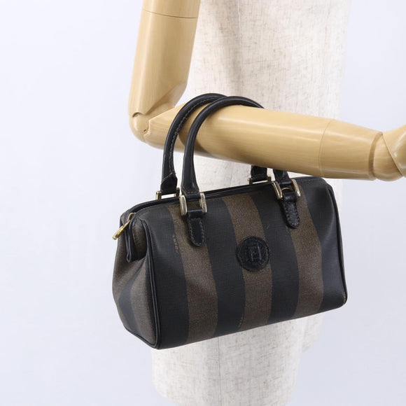 FENDI Pecan Canvas mini Boston Bag PVC Brown Gold black Auth 151067