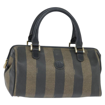 FENDI Pecan Canvas Boston Bag PVC Black Brown gold Auth 151068