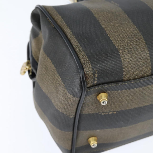 FENDI Pecan Canvas Boston Bag PVC Black Brown gold Auth 151068