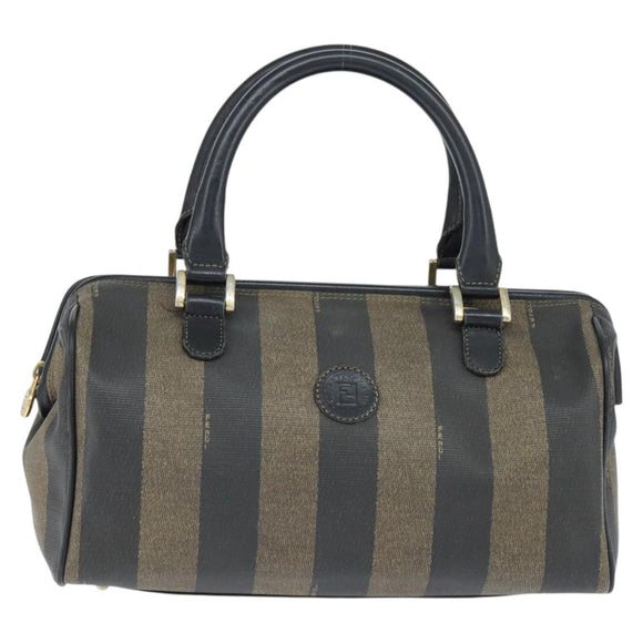 FENDI Pecan Canvas Boston Bag PVC Black Brown gold Auth 151068
