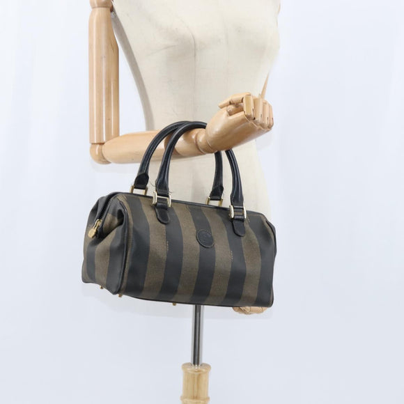 FENDI Pecan Canvas Boston Bag PVC Black Brown gold Auth 151068